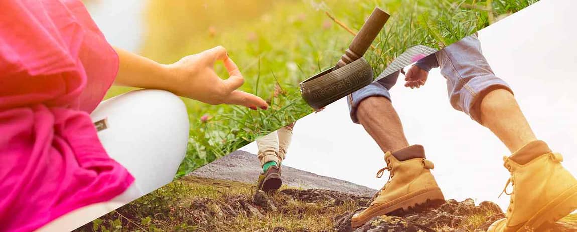 Una persona che medita e due persone che camminano durante un trekking.