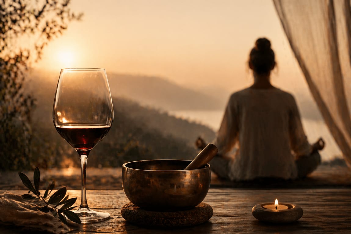 Mindful Wine Experience per aziende: un servizio dedicato alle aziende, ai team building. Sullo sfondo una donna che sta meditando e in primo piano un calice ed una campana tibetana.