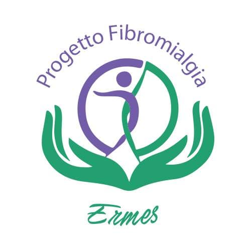 logo relativo al Progetto Fibromialgia Ermes, una equipe multidisciplinare. Nell'immagine si vedono due mani che come un fiore si aprono ad una figura umana inscritta in un cerchio