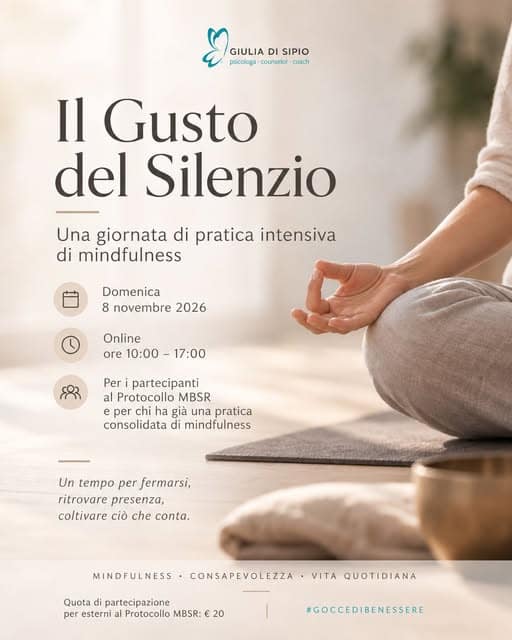 Locandina relativa alla giornata di ritiro silenzioso di mindfulness intitolata "Il gusto del silenzio".