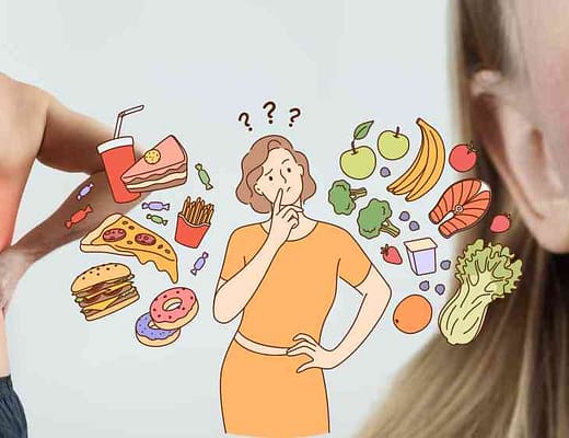 Nella stessa immagine, a sinistra un uomo, visto da dietro, si tocca la schiena dolorante, a destra il volto di una ragazza fortemente provato dalla rosacea e al centro una persona che si interroga su cosa mangiare.