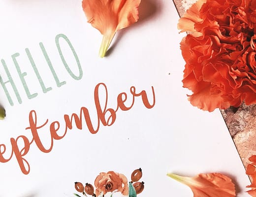 su di un bigliettino bianco, contornato da fiori arancioni, una scritta riporta in inglese: ciao settembre!