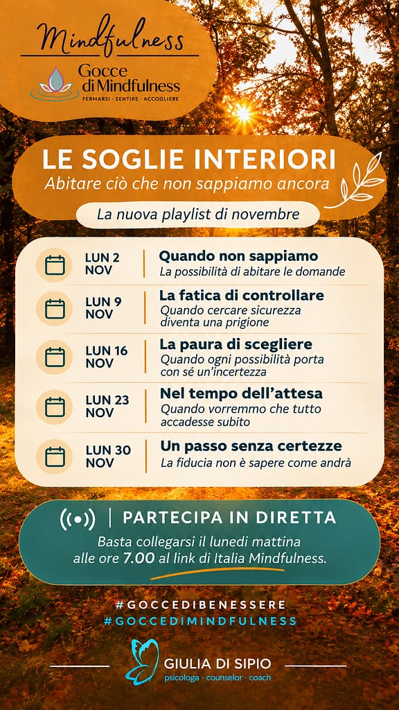 Locandina relativa alle pratiche proposte da Gocce di Mindfulness per il mese di novembre.