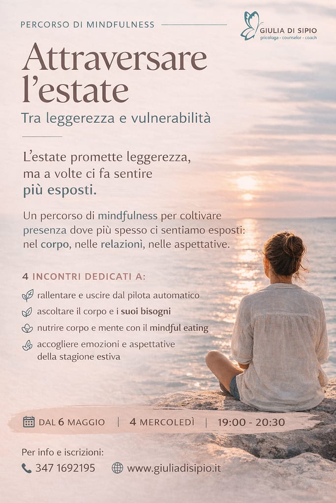 Locandina del percorso on line "Attraversare l'estate" dedicato alla prevenzione della depressione stagionale, ai malesseri e cali dell'umore dovuti all'arrivo della nuova stagione. 