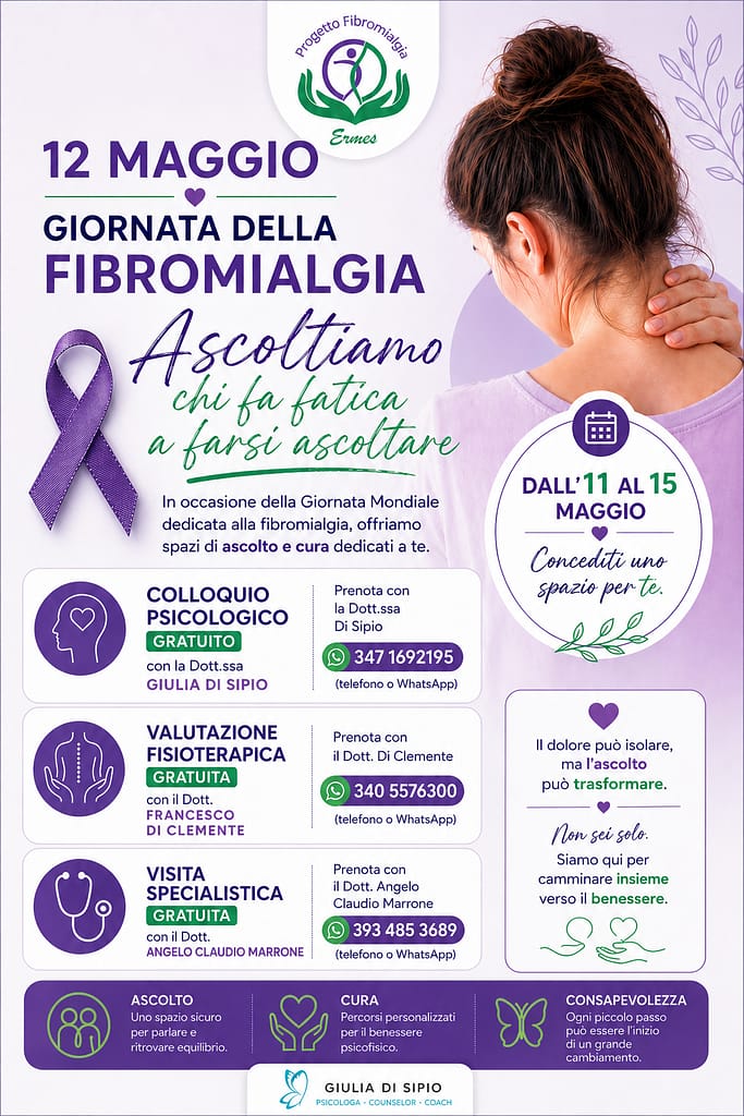 Locandina dedicata alla Giornata Mondiale per la Fibromialgia, una malattia definita dai piรน "invisibile" per la quale รจ importante sensibilizzare, informare, promuovere.
