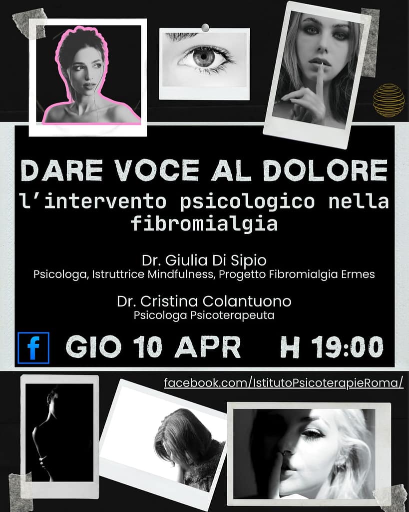Locandina della diretta Facebook "Dare voce al dolore" organizzata con l'ISP di Roma. Fondo nero, scritte in bianco e alcuni volti di donne in primo piano.
