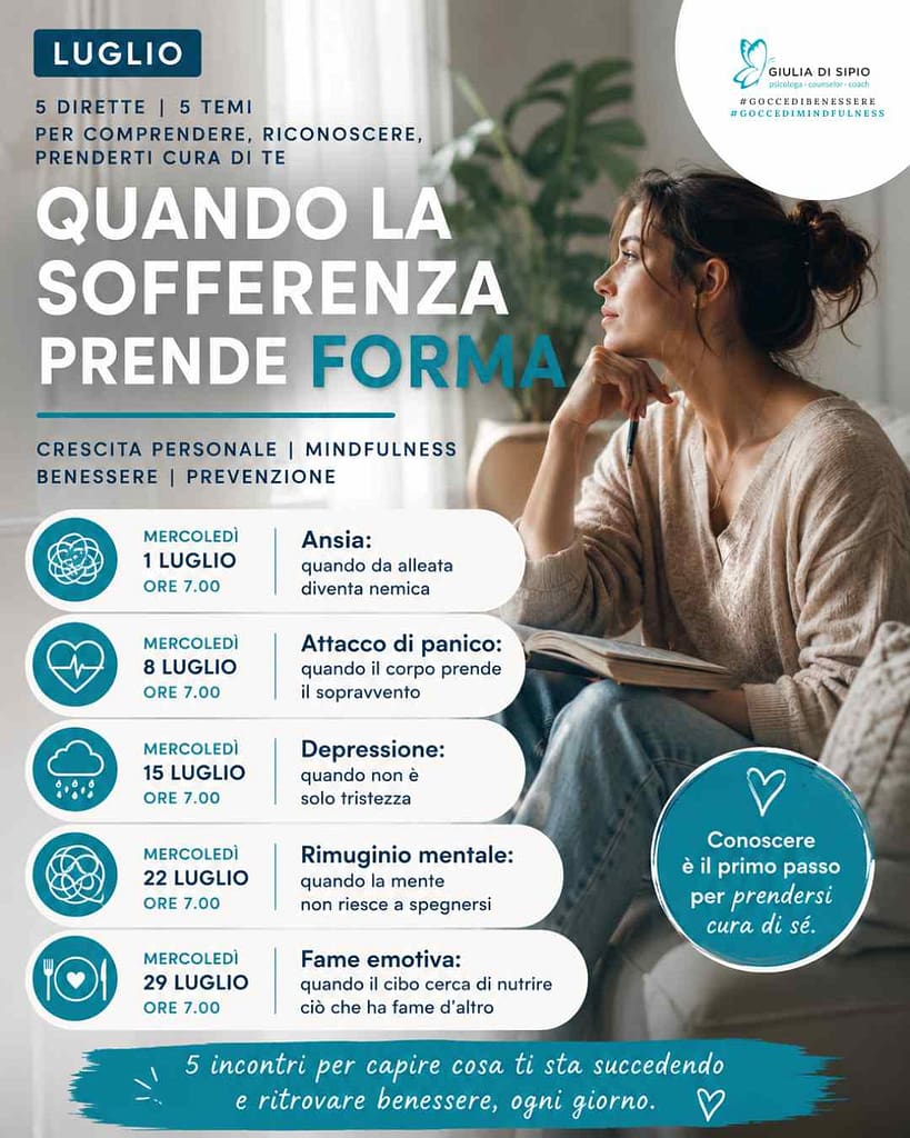 Calendario delle puntate di Gocce di Benessere di luglio dedicate ad ansia, attacchi di panico, depressione, rimuginio mentale e fame emotiva.