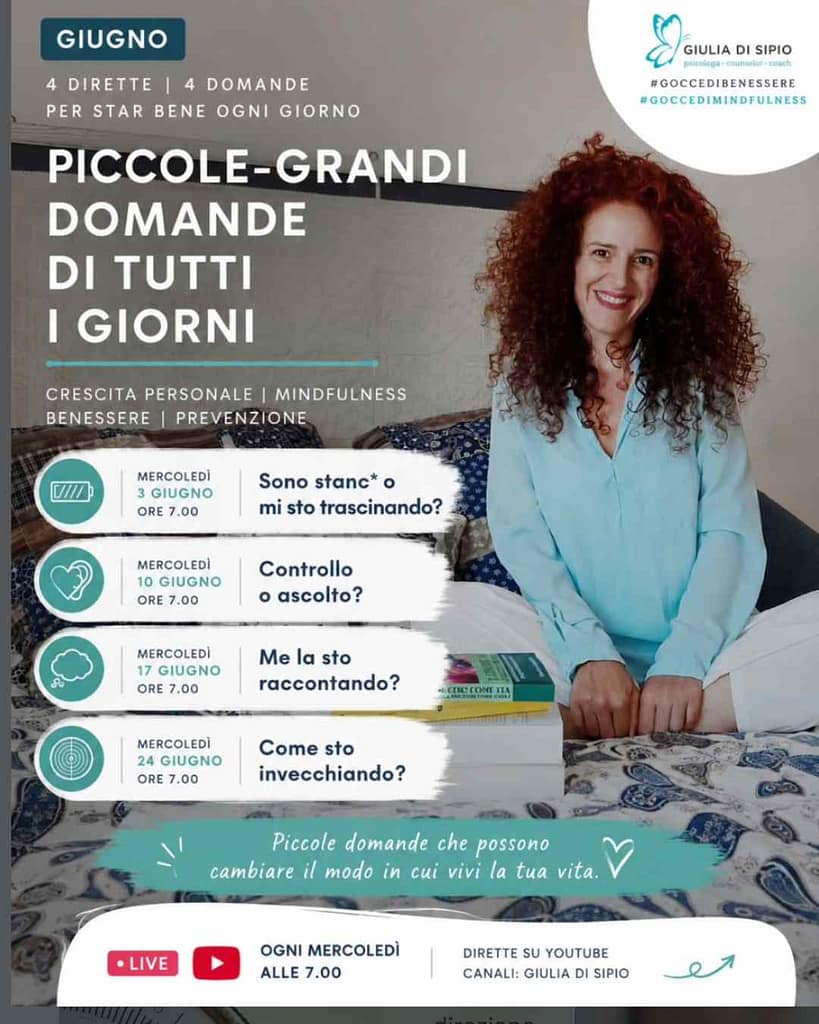 Calendario delle puntate di Gocce di Benessere di giugno dedicate a stanchezza, controllo, ascolto di sΓ© e crescita personale.