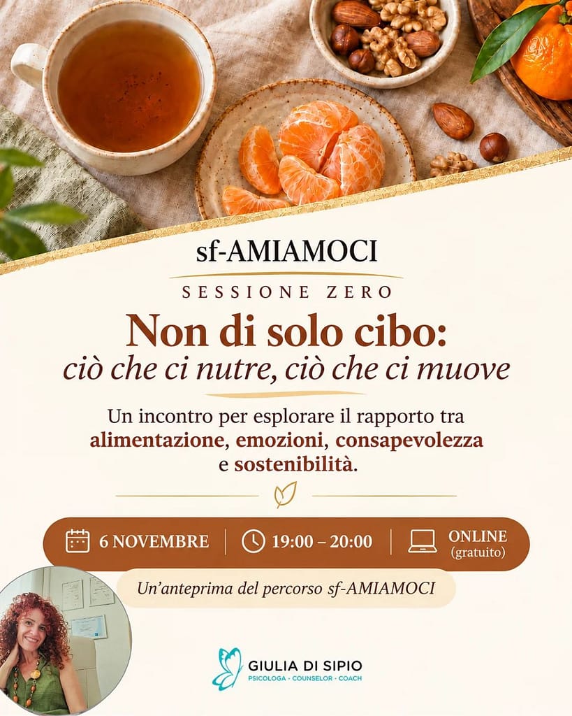 Locandina dell'evento "Non di solo cibo", la presentazione on line, gratuita, al percorso sf-AMIAMOCI che parlerà di cibo, consapevolezza e relazioni.