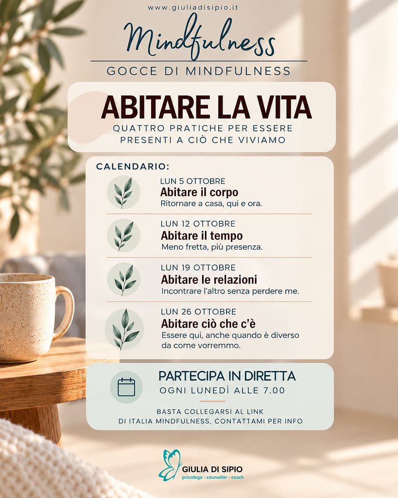Locandina relativa alle pratiche proposte da Gocce di Mindfulness per il mese di ottobre.