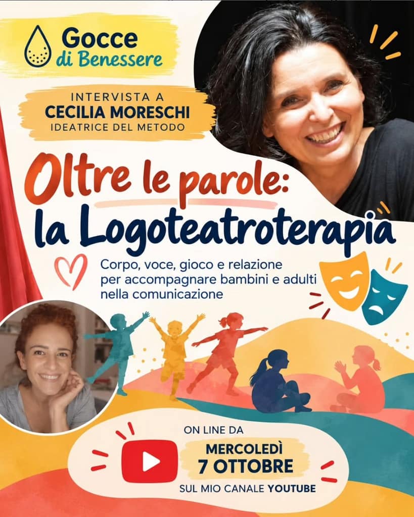 Locandina relativa alla puntata del 7 ottobre dedicata alla Logoteatroterapia, un metodo ri-abilitativo ideato da Cecilia Moreschi, protagonista dell'intervista.