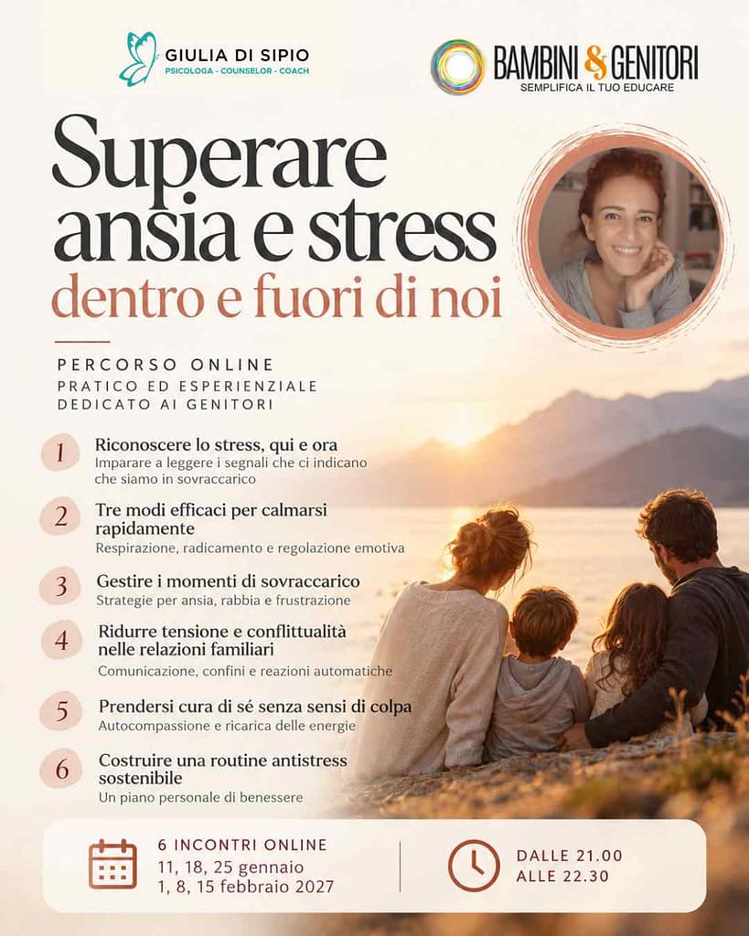 Locandina del percorso "Superare l'ansia e lo stress" dedicato ai genitori nell'ambito del progetto promosso dall'Associazione Bambini e Genitori.